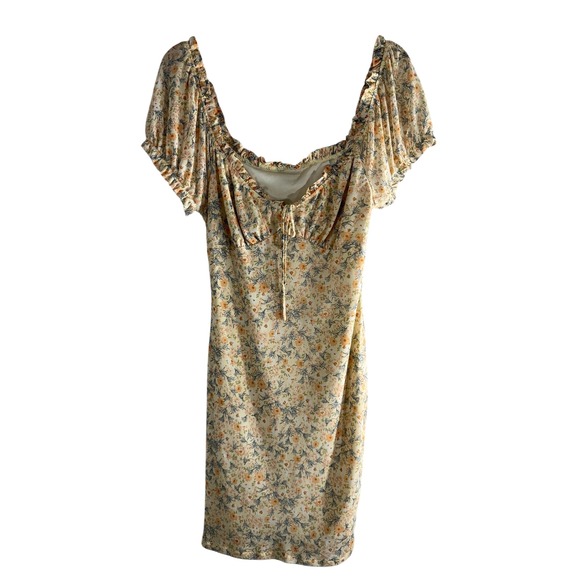 Dainty Floral Mesh Mini Dress Sz L Puff Sleeve Milkmaid Fairycore Coquette Y2K - Picture 1 of 10
